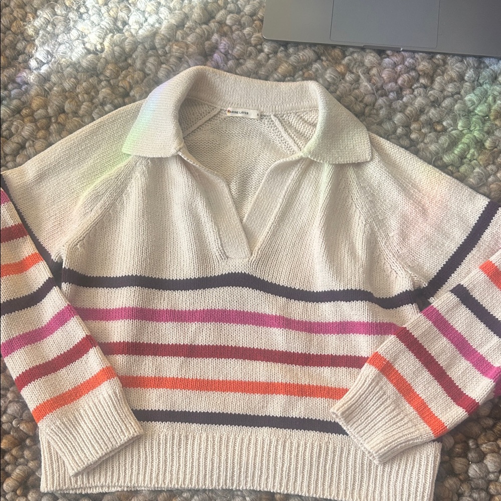 Marine Layer Cream Polo Sweater with Colorful Stripes